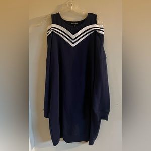 Alison Andrews Cold Shoulder Sweatshirt Dress, Long Sleeves, Navy/White, Size XL